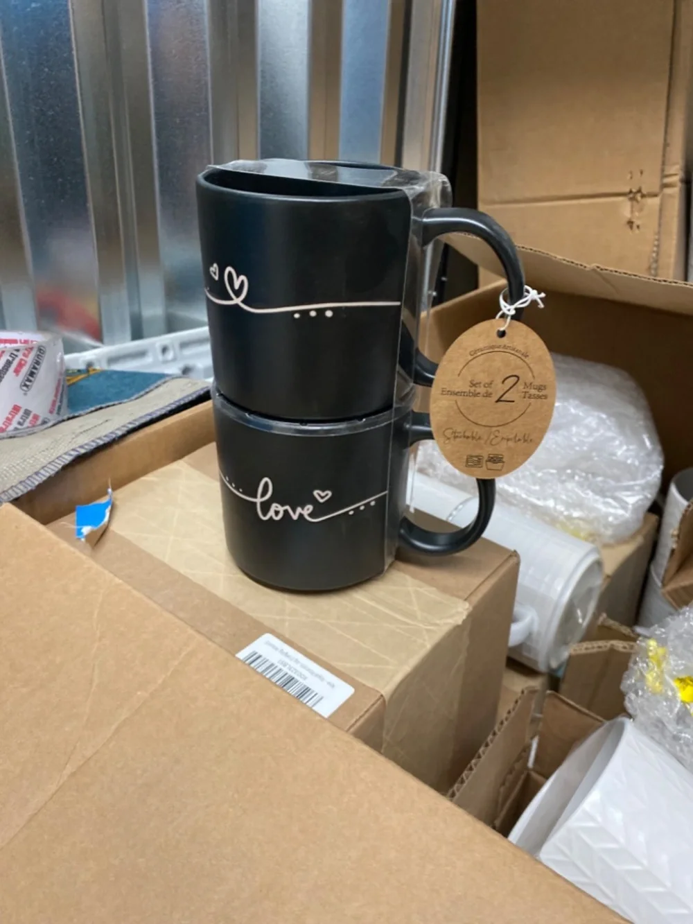 Potter's Corner Set of 2 Stackable Mugs Black Matte Love & Hearts NEW - Picture 3 of 3